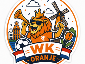 WK Oranje sticker met leeuw, voetbal, molen en Nederlandse vlag voor supporters van Nederland